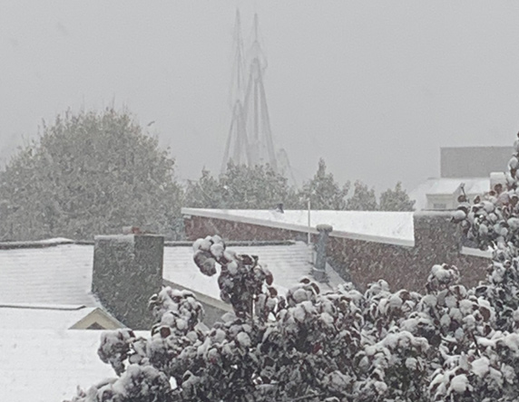 Masts of the USS Constitution in the snow