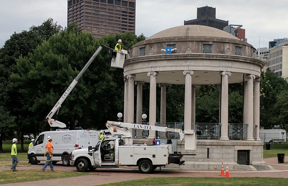 Cameras being installed on the Parkman Bandstand on Boston Common