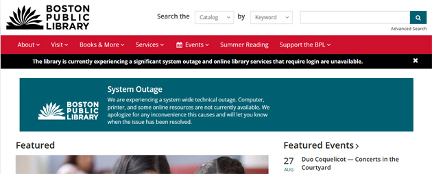 Boston Public Library site reports outage