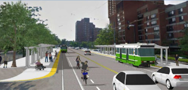 New look of Huntington Avenue with new transit and bike ways in one MBTA rendering