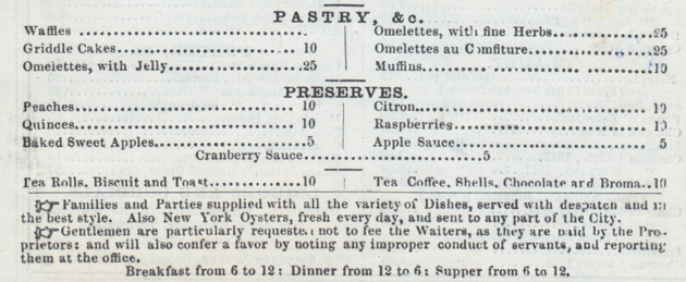 Parker House pastry menu from 1858: No Parker House rolls