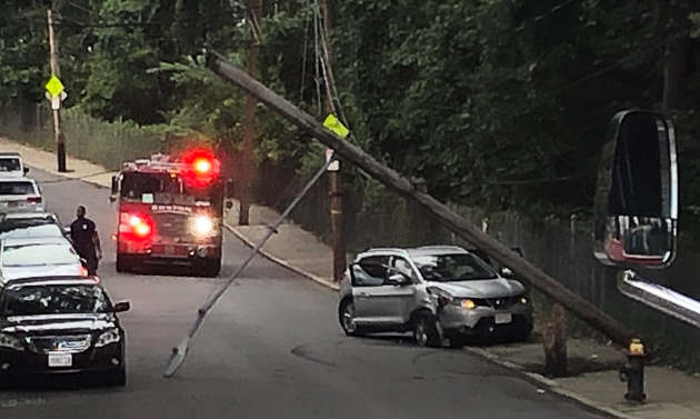 Pole knocked down by car on Rowe Street