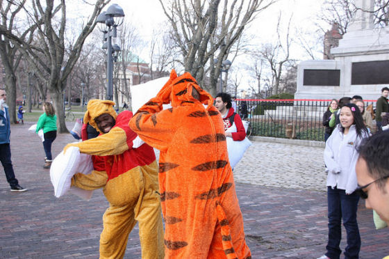 Pooh and Tigger have a pillow fight