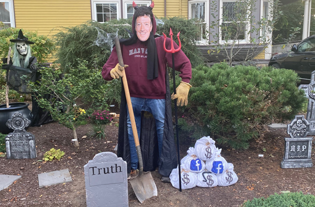 Anti-Facebook Halloween display in Jamaica Plain