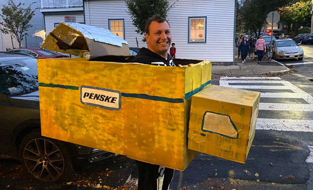 Storrowed man: Storrowed-truck costume in Cambridge