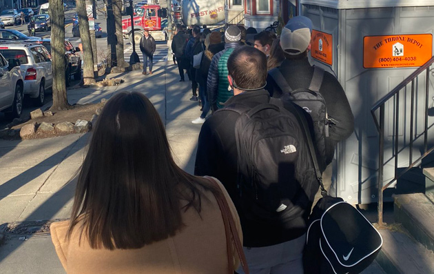 Long line for the 7 bus in South Boston