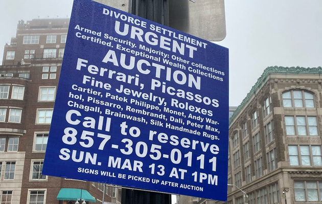 Dumb sign allegedly advertises an urgent auction