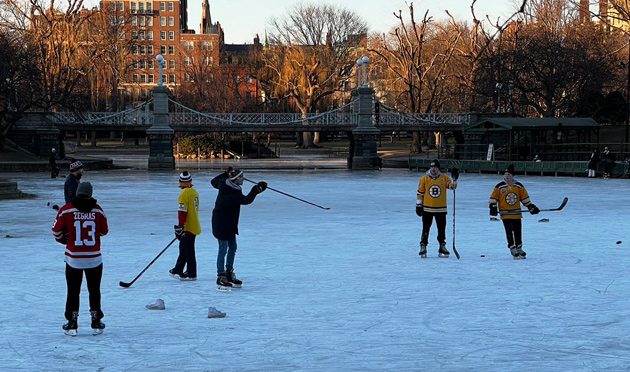 Playing hockey on the  Public Garden lagoon