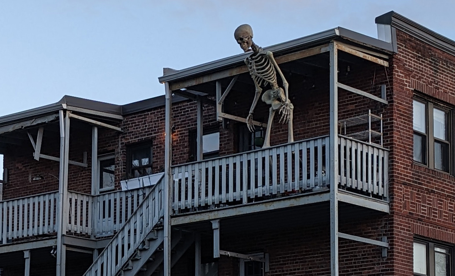 Giant skeleton on third floor of Allston building