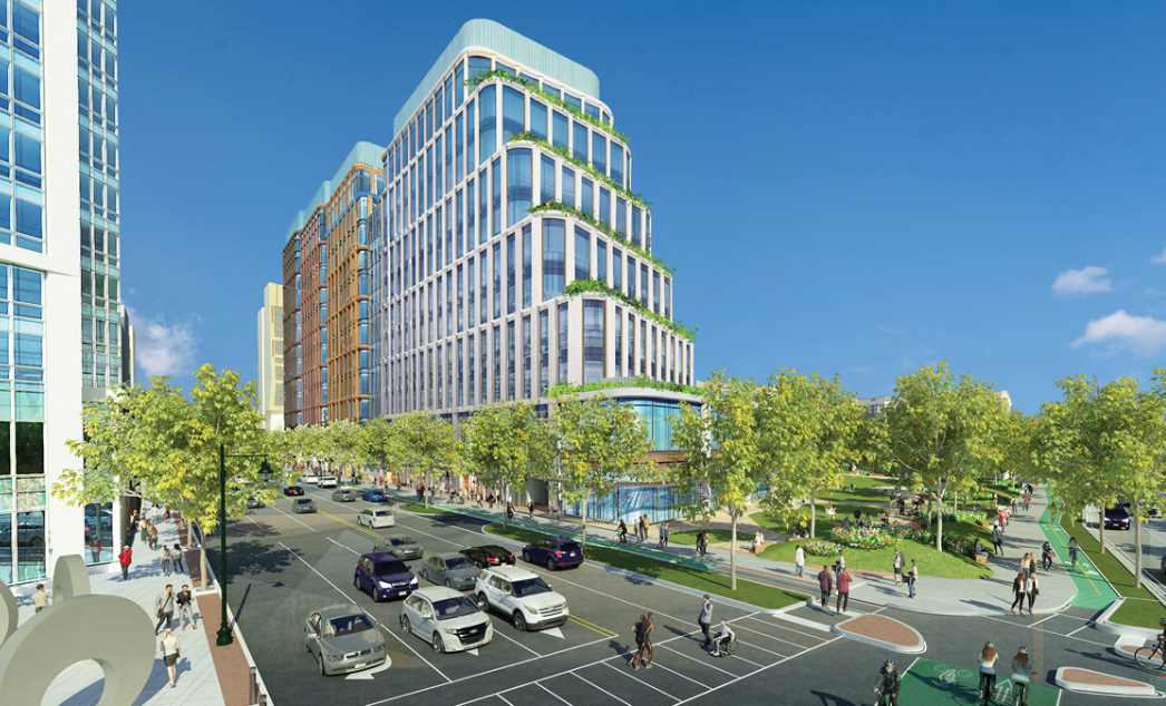 Rendeirng of new Boylston Street building and park