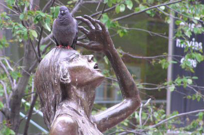 Irish Famine Memorial statue with a pigeon on her head