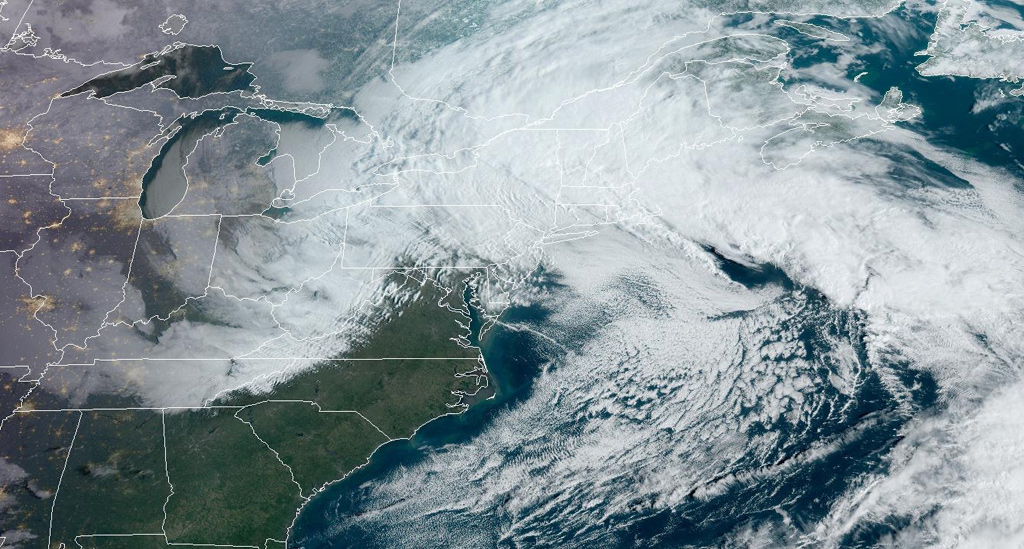 Swirling nor'easter clouds over New England