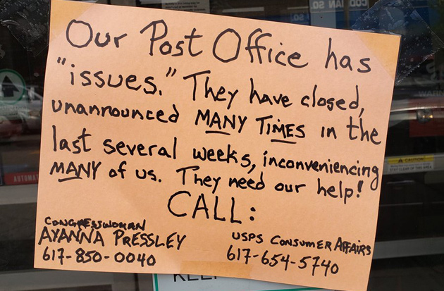 Angry note on door of Codman Square post office demanding to know why it's shut again