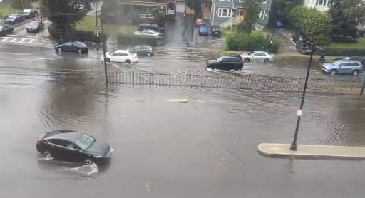 Flooded Commonwealth Avenue in Brighton