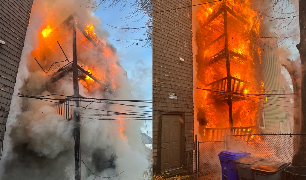 Two views of the fire