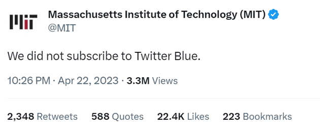 MIT tweet with a blue checkmark saying MIT did not pay for that checkmark