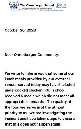 Message from Ohrenberger School to parents about undercooked chicken delivered yesterday