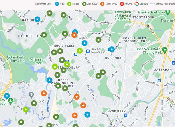 Map showing power outages across West Roxbury, Dedham, part of Roslindale