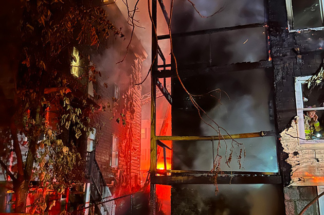Fire-ravaged buildings on Sutton Street in Mattapan