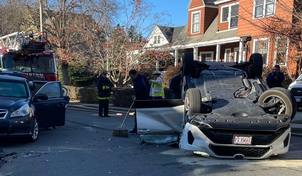 Flipped car in West Roxbury