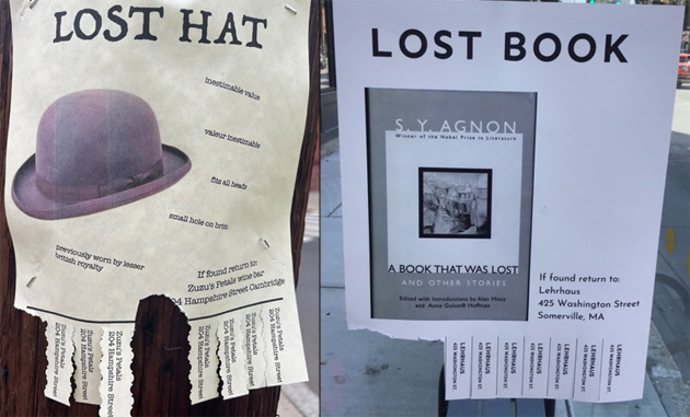 Flyer for a 'lost hat' at Zuzu's Petals and one for a 'lost book' at Lehrhaus