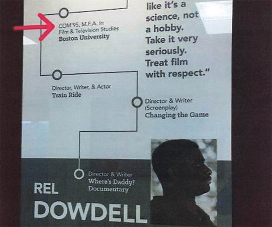 Part of Dowdell poster showing him as an MFA recipient even though he still officially isn't