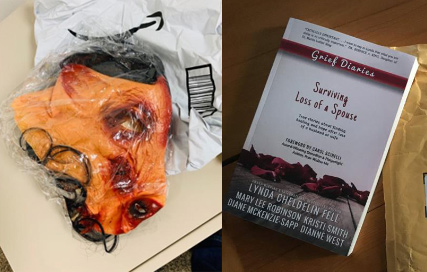 Pig mask and book on grief
