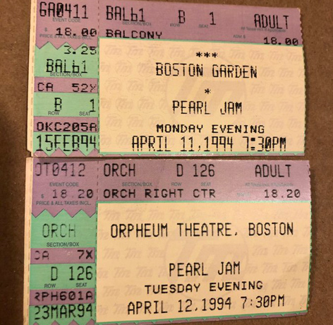 Ticket stubs for two Pearl Jam shows, one at the Garden, one at the Orpheum
