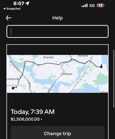 Ride share screen showing price between Somerville and Revere - $1.5 million