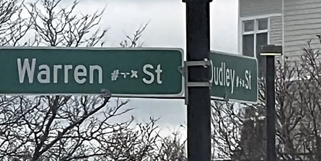 Weird typography on signs for Warren and Dudley streets