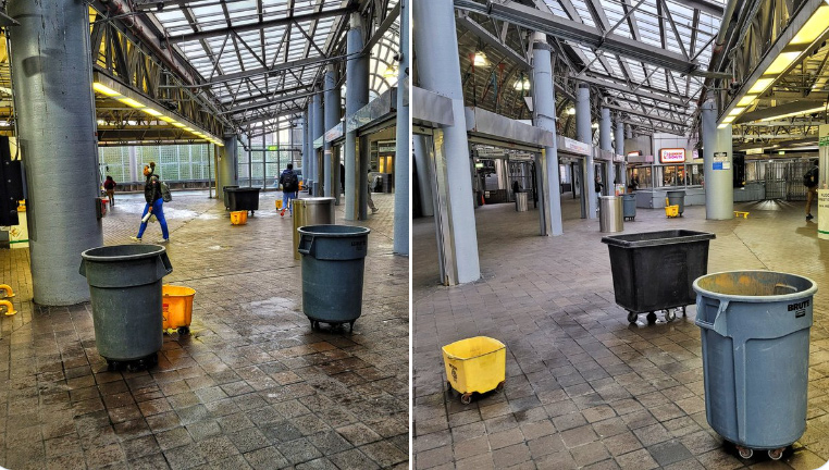 Scenes inside Ruggles station this morning showing lots of buckets
