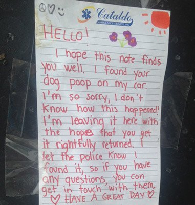 A note notifying poop bag purveyor his or her address has been turned over to police in Somerville