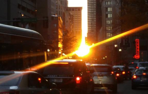 Setting sun on Stuart Street in Boston