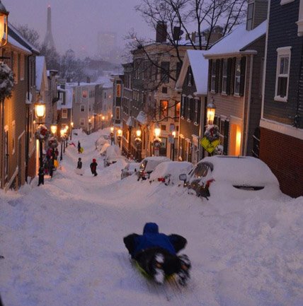 Sledding in Charlestown after the worst of the blizzard of 2015