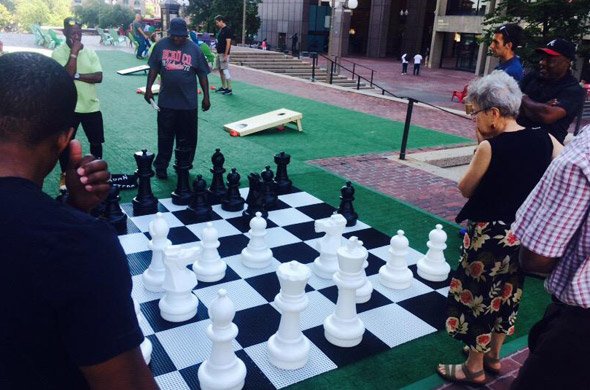 Large chess set on City Hall Plaza