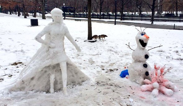 Snow sculptures on Boston Common, including Olaf