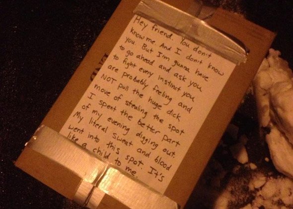 Sign in Davis Square pleads with reader not to steal parking space