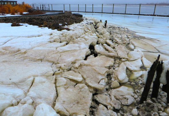 Ice chunks washed up at Port Norfolk in Dorchester