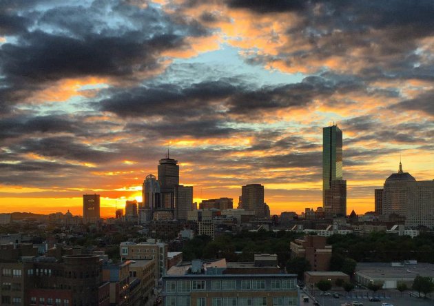 Dramatic sunset over Boston's Back Bay