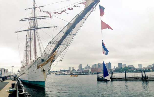 A tall ship docked at Pier 4 in Boston