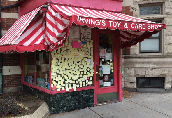 Notes of remembrance left on Irving's store in Brookline