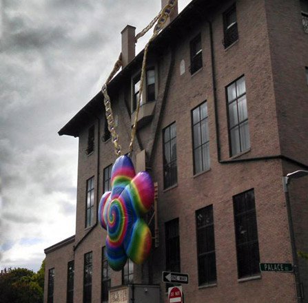 Colorful inflatable thing on the Isabella Stewart Gardner Museum