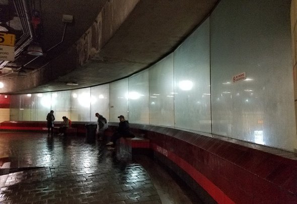 Foggy bus station in Harvard Square