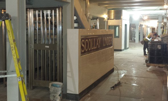 Scollay Under sign at Government Center MBTA station in downtown Boston