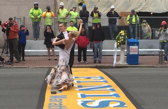 Adrianne Haslet at the Boston Marathon finish line
