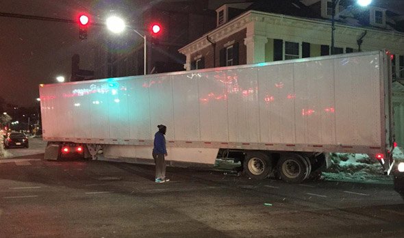 Truck stuck in snow on JFK Street in Cambridge