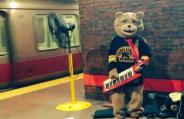 Keytar Bear in Davis Square Red Line station, Somerville