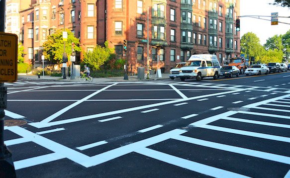 New lane markings at Massachusetts Avenue and Beacon Street in the Back Bay