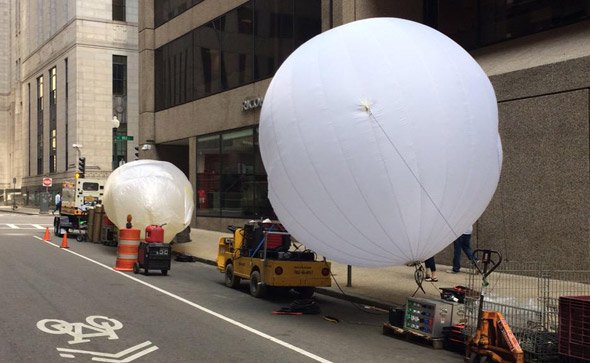 White movie related blobby things in downtown Boston