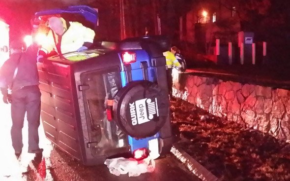 Overturned Jeep on Rte. 1 in Foxborough, Mass.